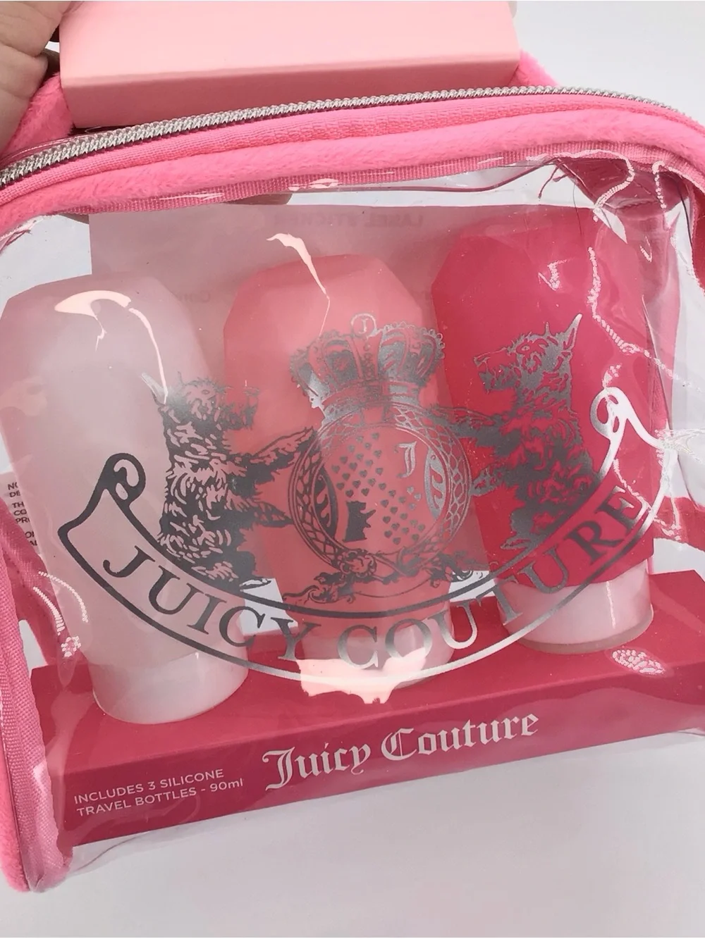 Vintage style Juicy Couture pvc travel Makeup Cosmetic Case Bag Pouch & bottles